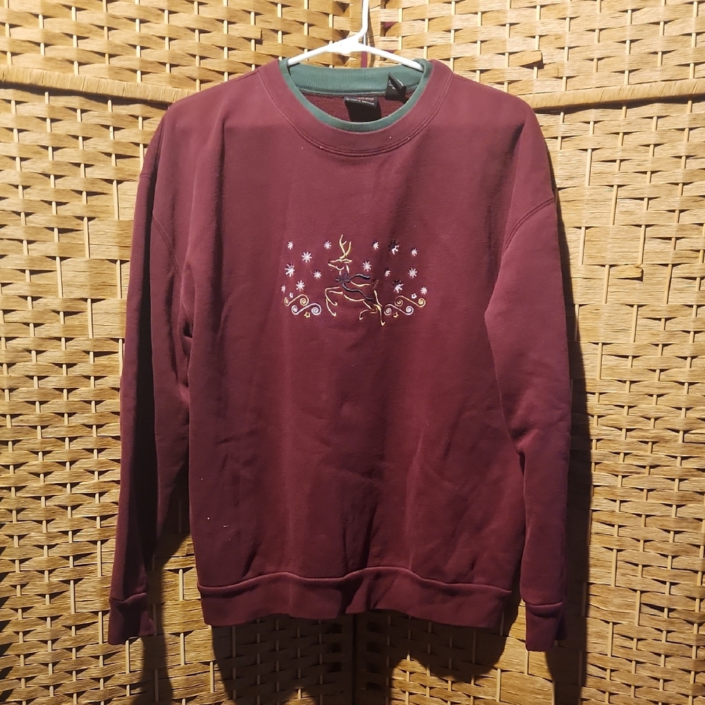 Vintage, Christmas, Holiday, Festive Burgandy Crew Neck Reindeer Sweater Sz L